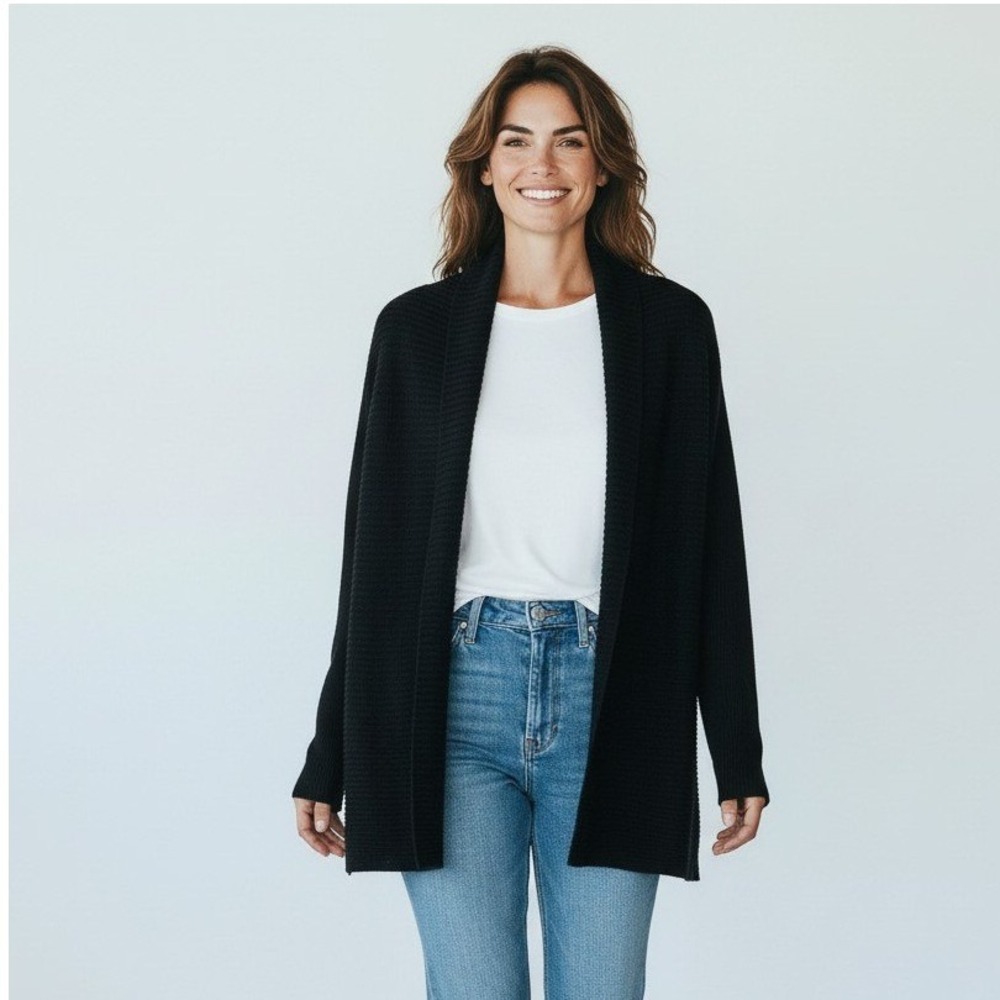 J. Jill Cardigan Sweater Open Front Shawl Womens M Black Ribbed Knit NWT